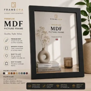 Premium MDF picture frame by FrameOra featuring a smooth contemporary finish on a luxury dark background for modern interior decor.