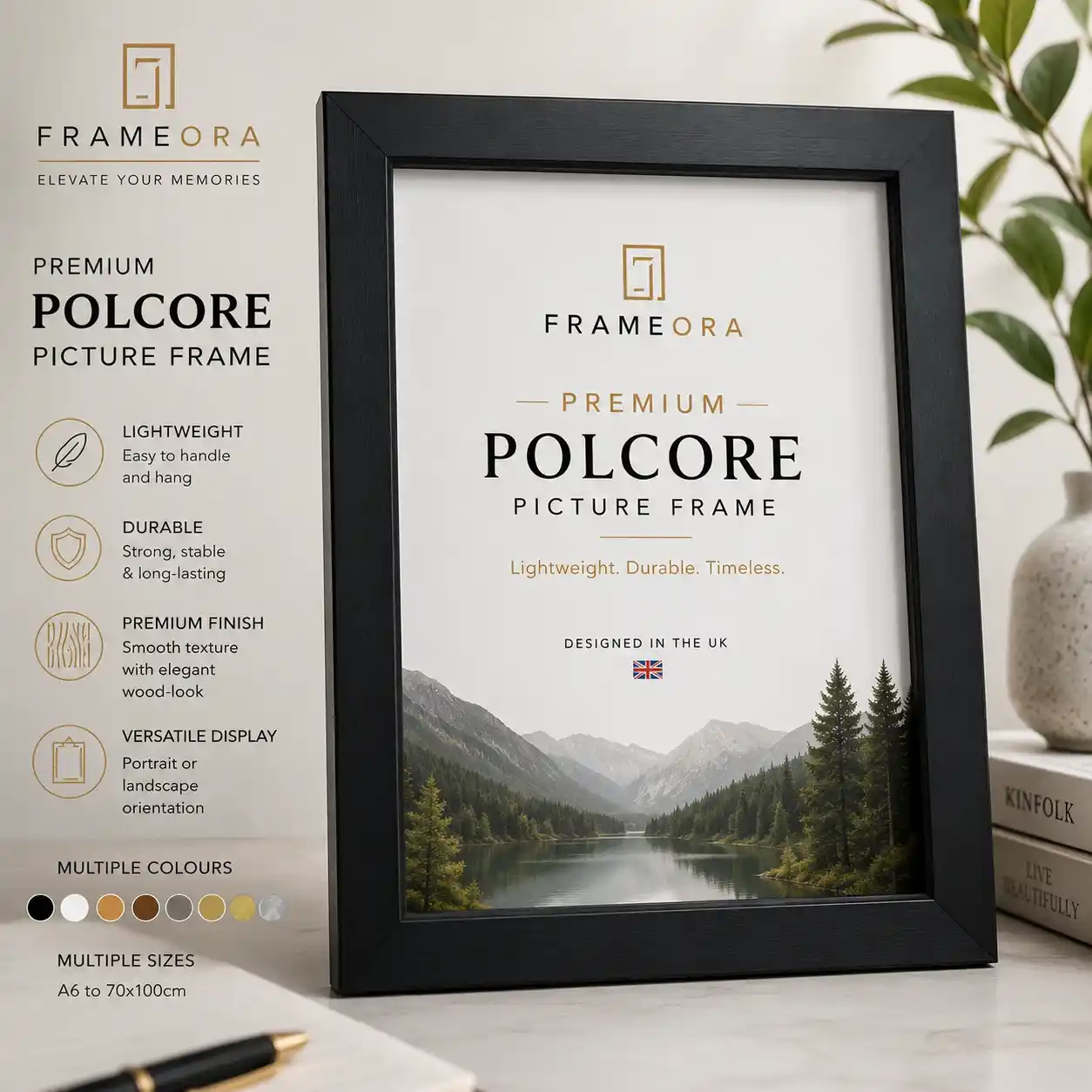 FrameOra Premium Polcore Picture Frame with elegant black finish for photographs, artwork, certificates and wall decor.