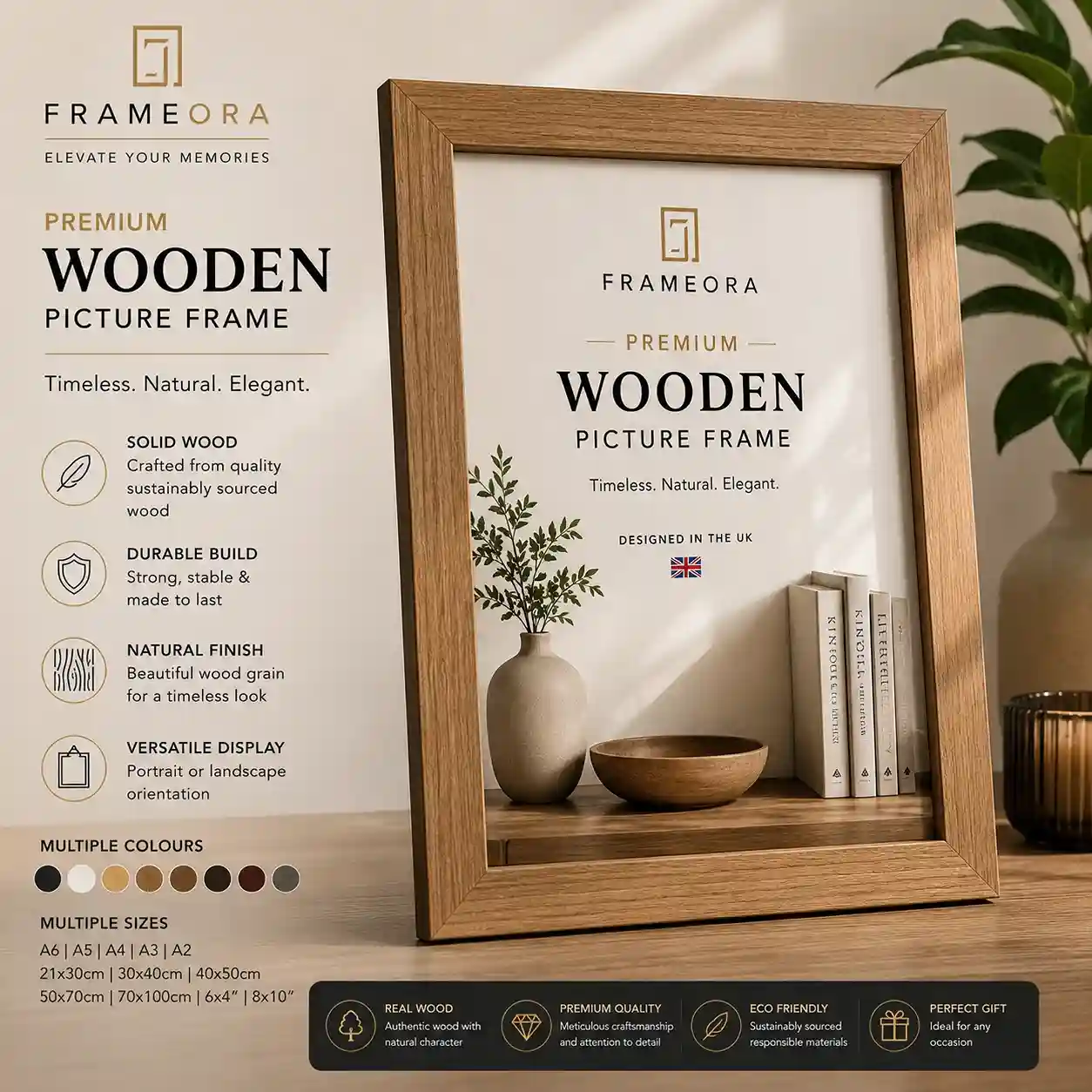 Premium black wooden picture frame by FrameOra with elegant oak grain finish displayed on a luxury dark background for modern home decor.