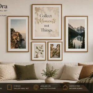 FrameOra premium gallery wall set featuring coordinated wooden picture frames in multiple sizes arranged as elegant wall décor for modern UK homes.