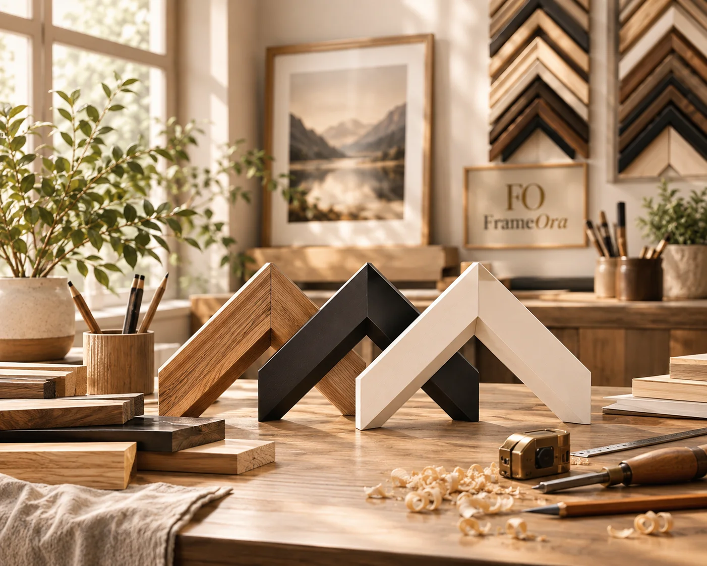 Premium wooden, Polcore and MDF picture frame corner samples displayed on a handcrafted workbench inside the bright FrameOra materials studio, showcasing expert craftsmanship and quality frame materials.