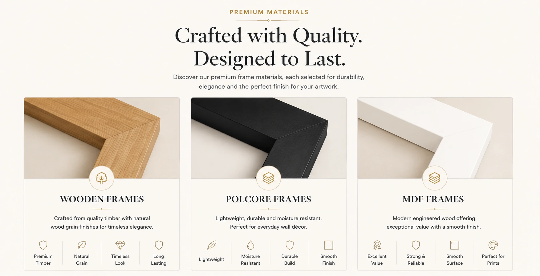 FrameOra picture frame materials — wooden, Polcore and MDF craftsmanship